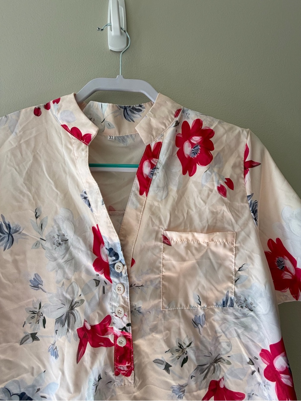 Cream Blouse with Buttons, Red and Blue Floral Print - Picture 3 of 7
